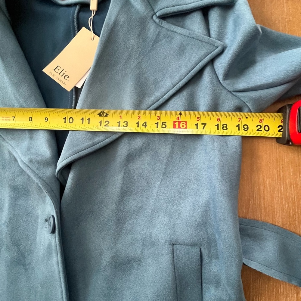 Elie Tahari Dusty Blue Faux Leather Belted Wrap Trench Coat Small NWT - Picture 9 of 12